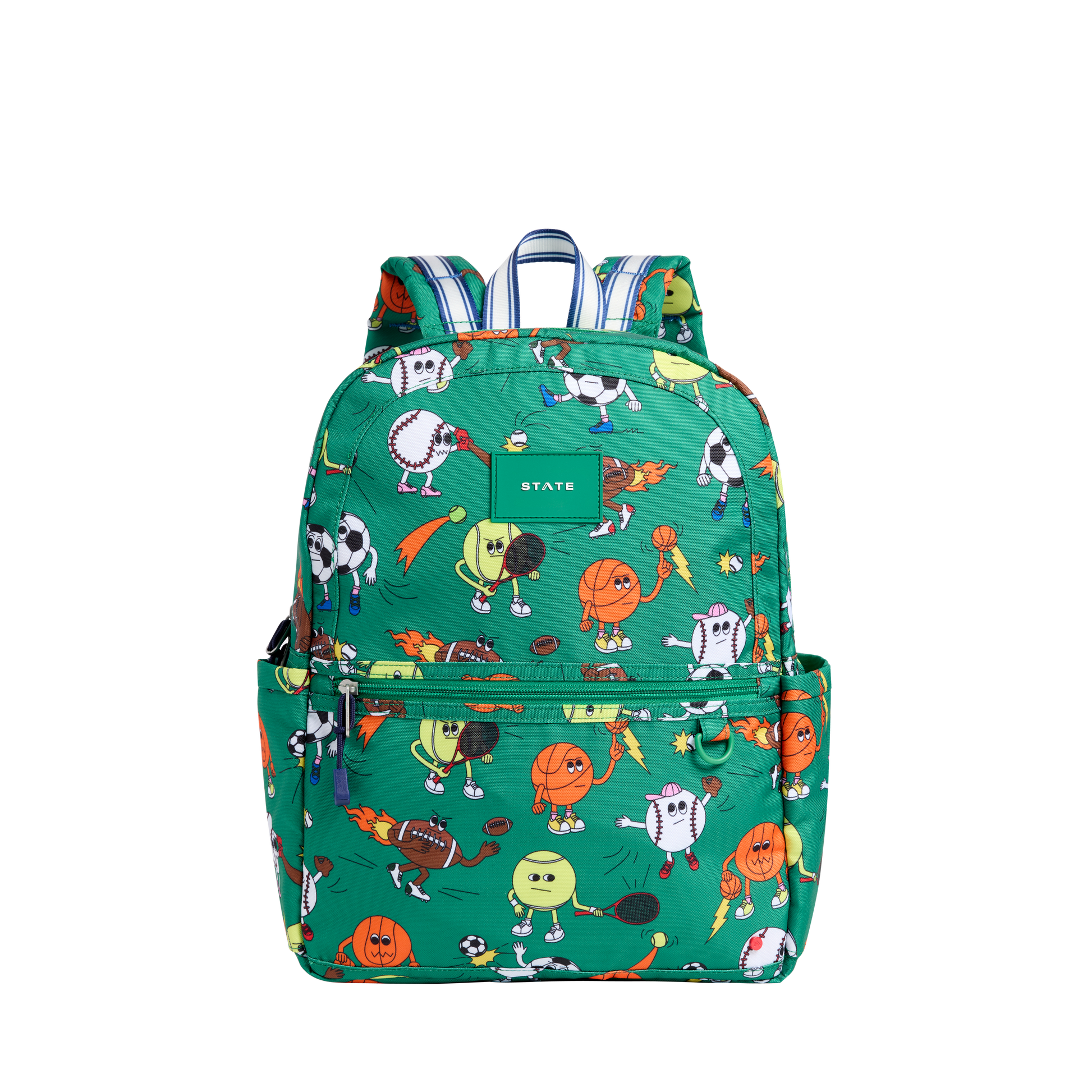 Colorful backpack with cartoon character pattern on a white background