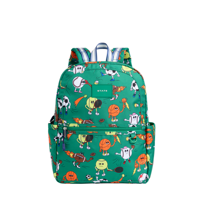 Colorful backpack with cartoon character pattern on a white background