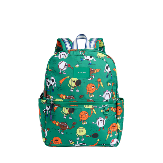Colorful backpack with cartoon character pattern on a white background