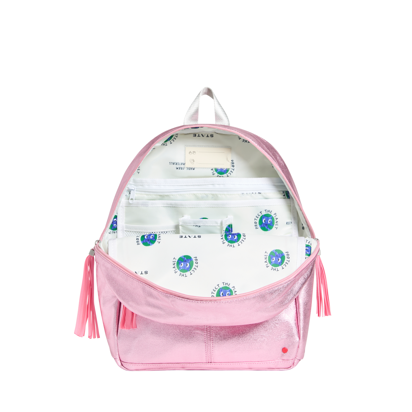 Pink backpack with tassels and a patterned interior on a white background