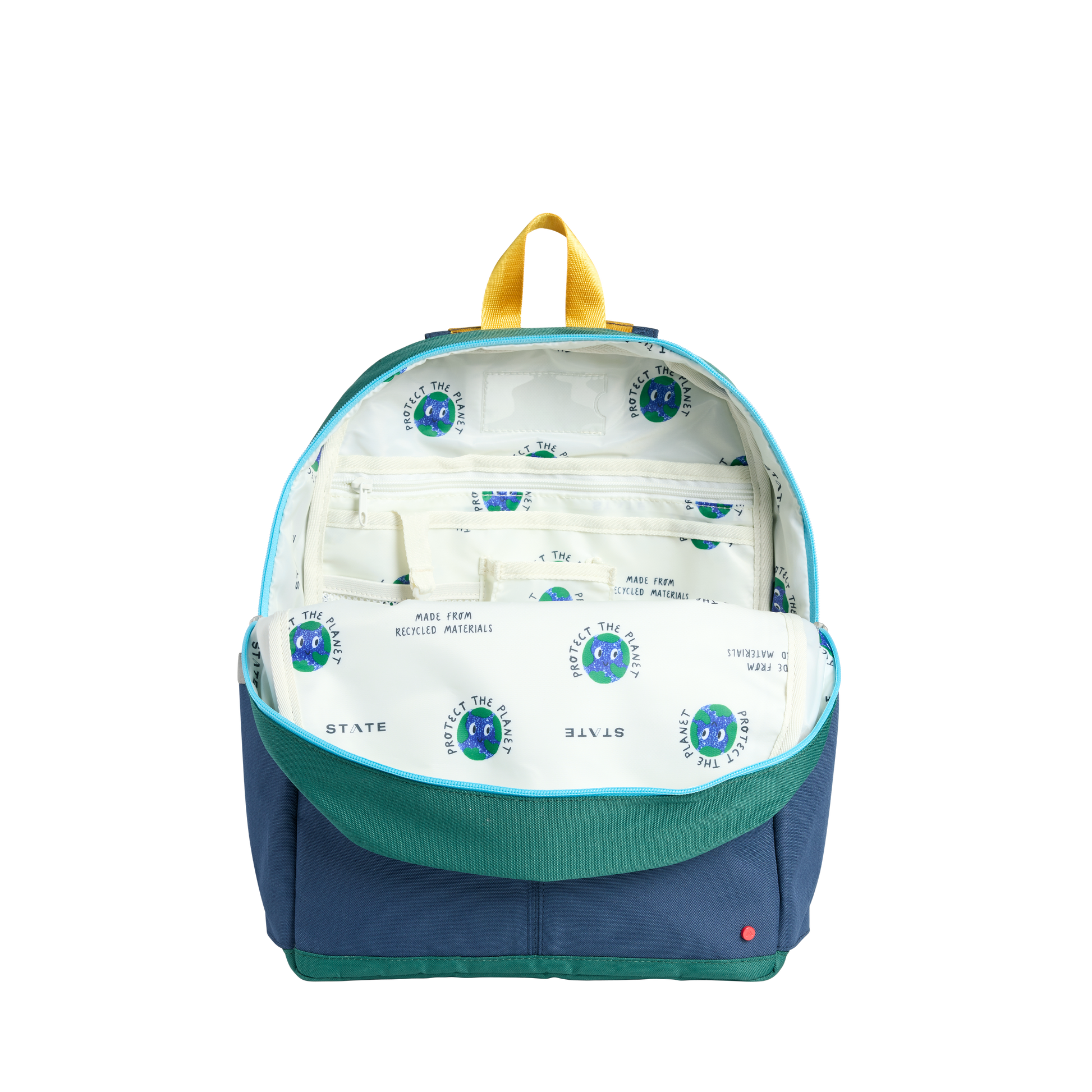Backpack with diaper contents on a white background