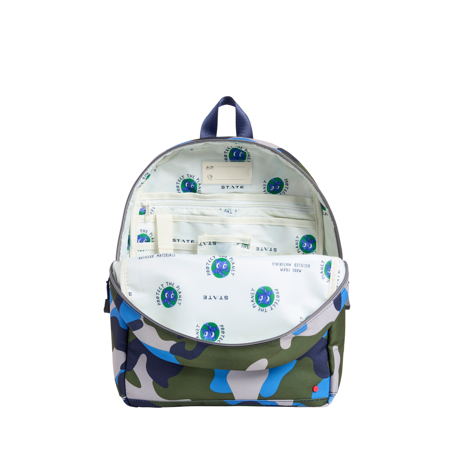 Backpack with camouflage pattern and visible money inside on a white background