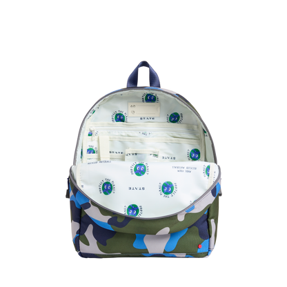 Backpack with camouflage pattern and visible money inside on a white background