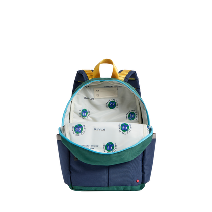 Navy and green backpack with a white interior on a white background