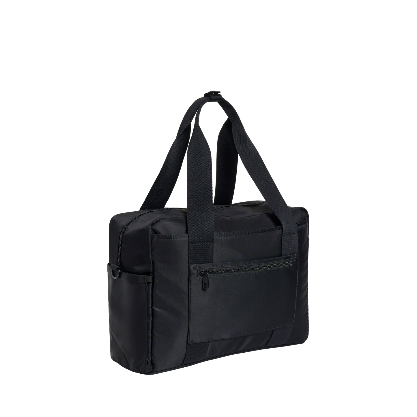 Black duffel bag with shoulder straps on a white background