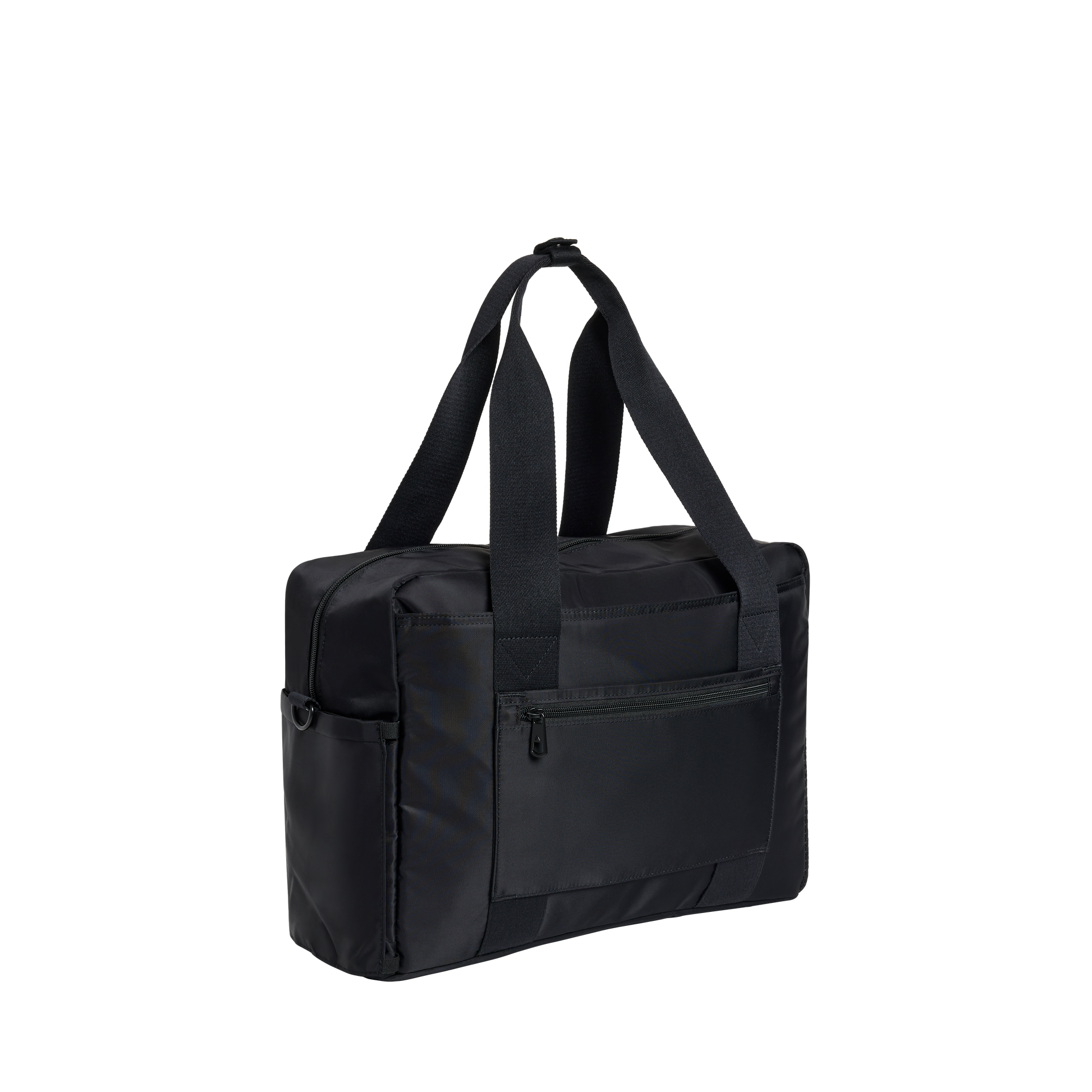 Black duffel bag with shoulder straps on a white background