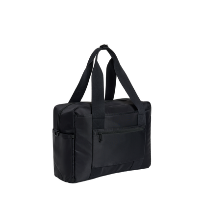 Black duffel bag with shoulder straps on a white background
