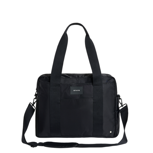 Black diaberbag with a visible brand label on a white background