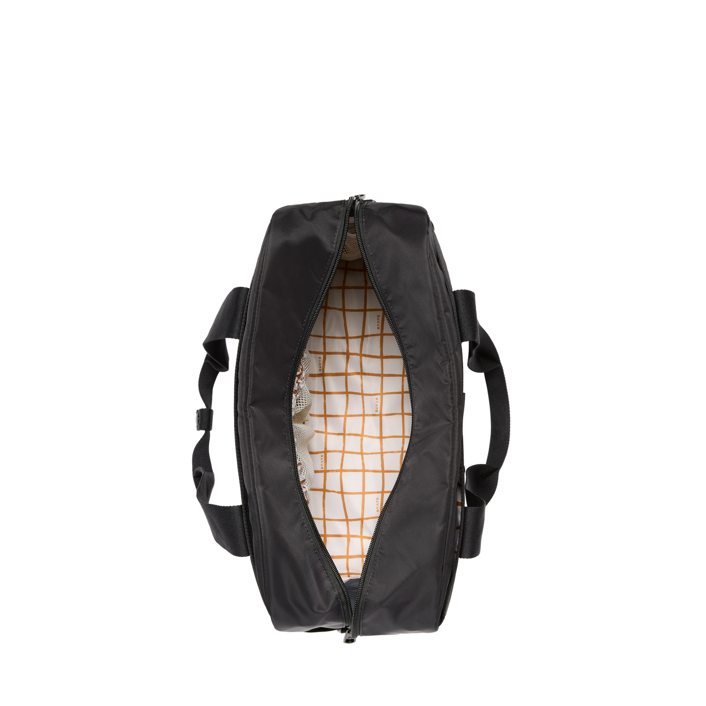 Black duffel bag with a grid pattern interior on a white background