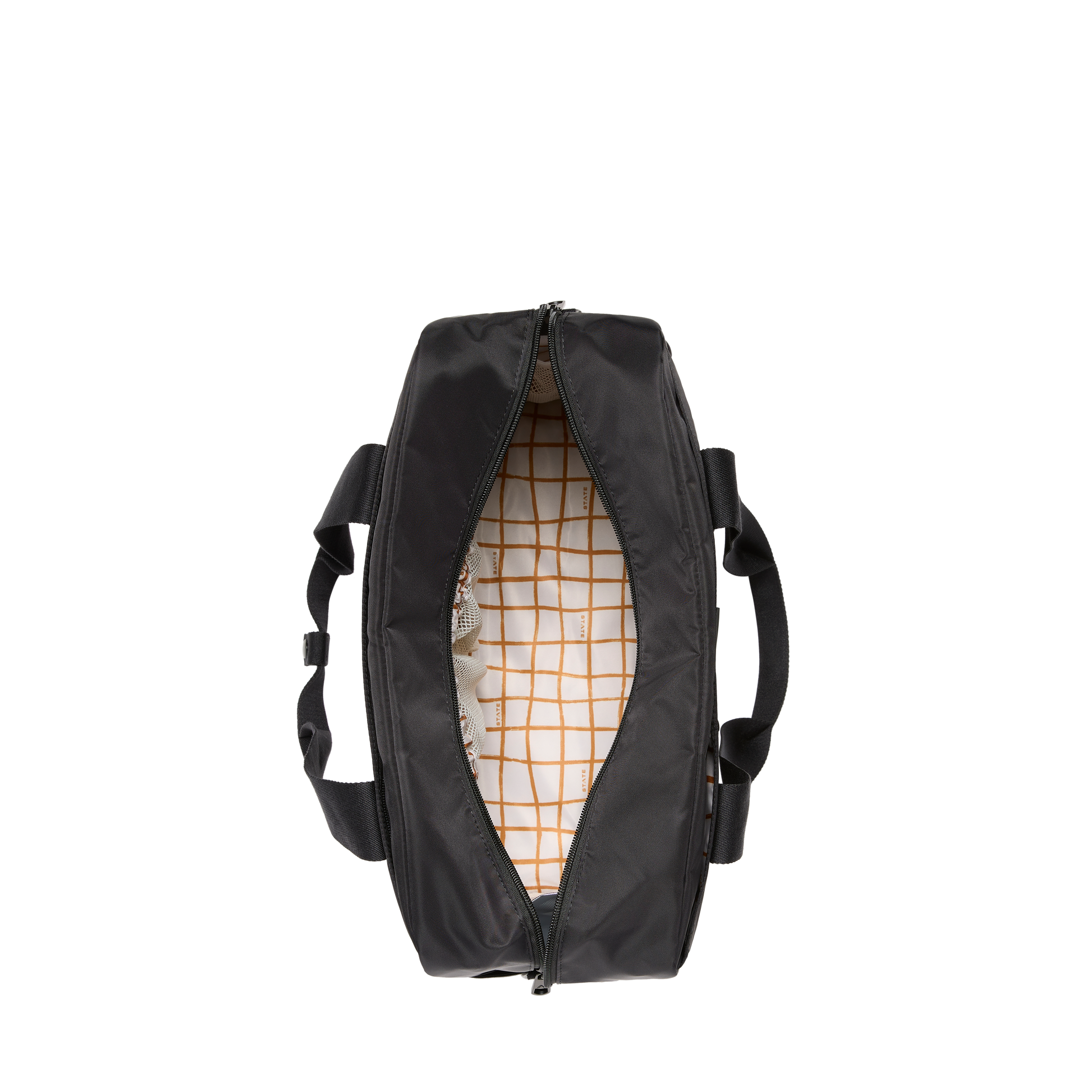 Black duffel bag with a grid pattern interior on a white background