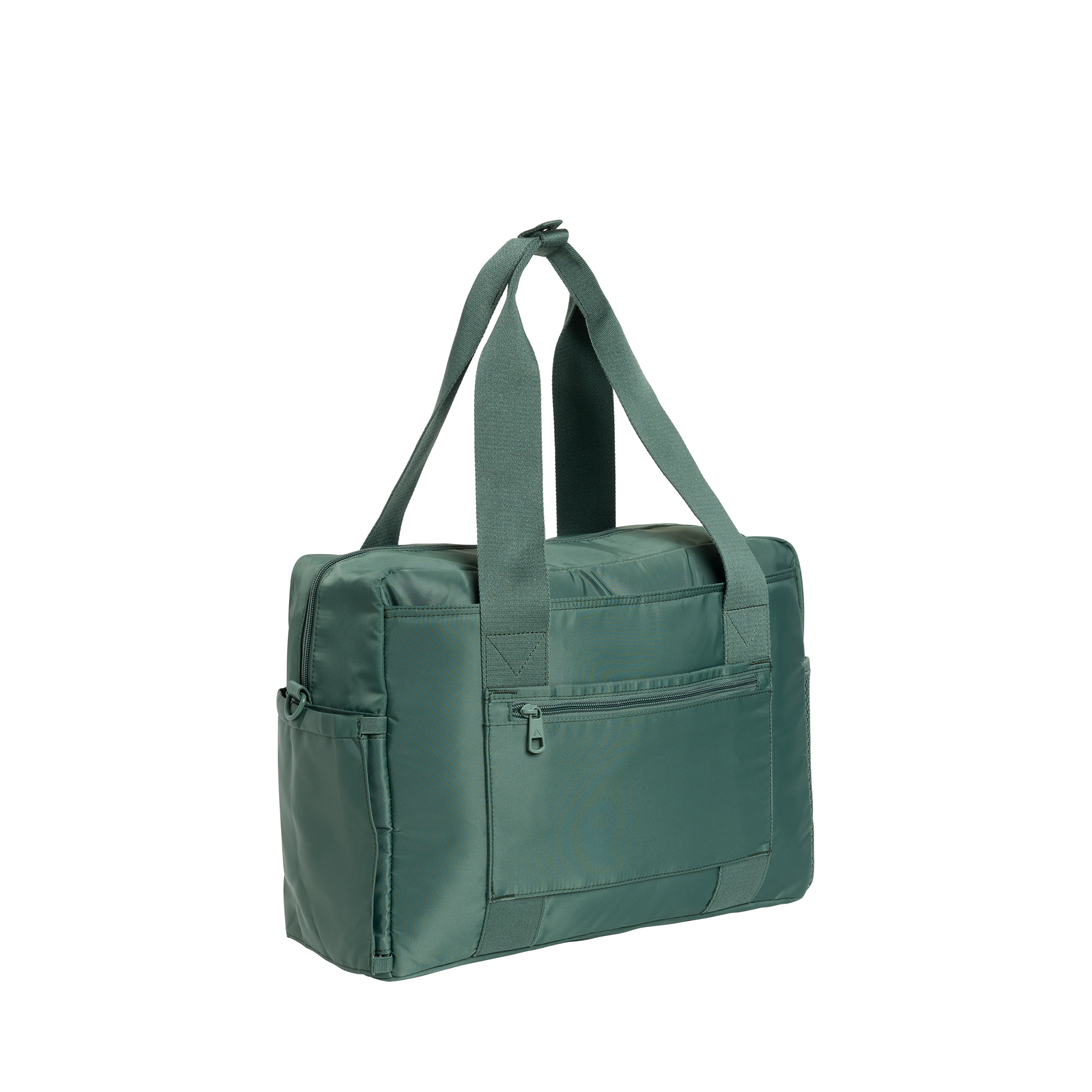 Green bag with multiple pockets and straps on a white background