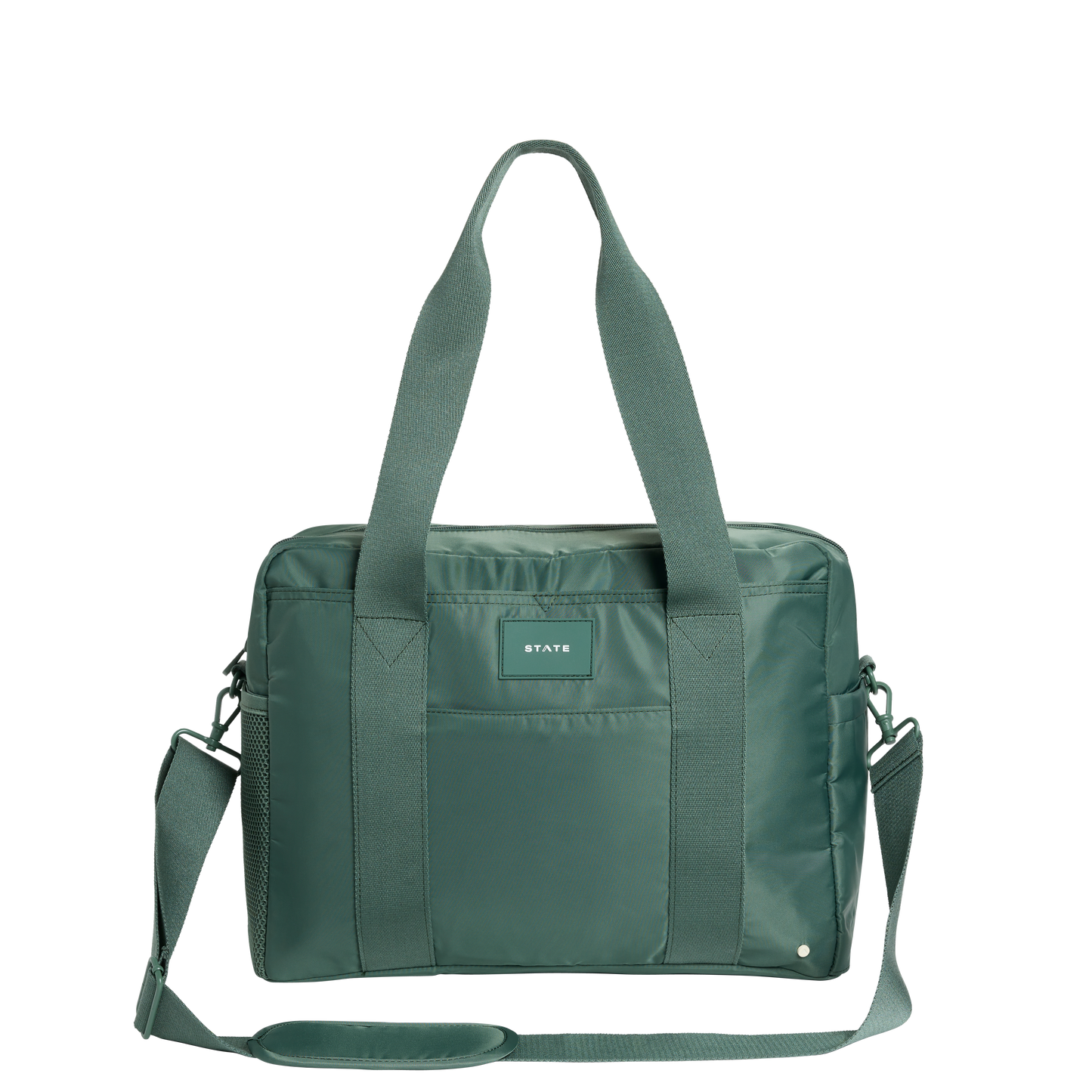 Green bag with a visible brand label on a white background