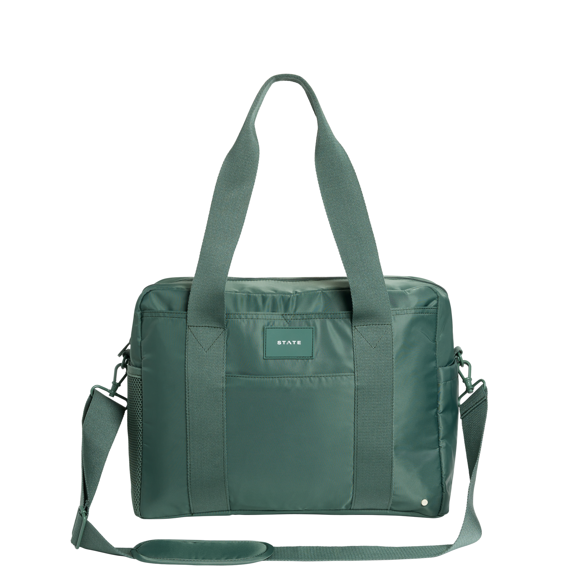 Green bag with a visible brand label on a white background