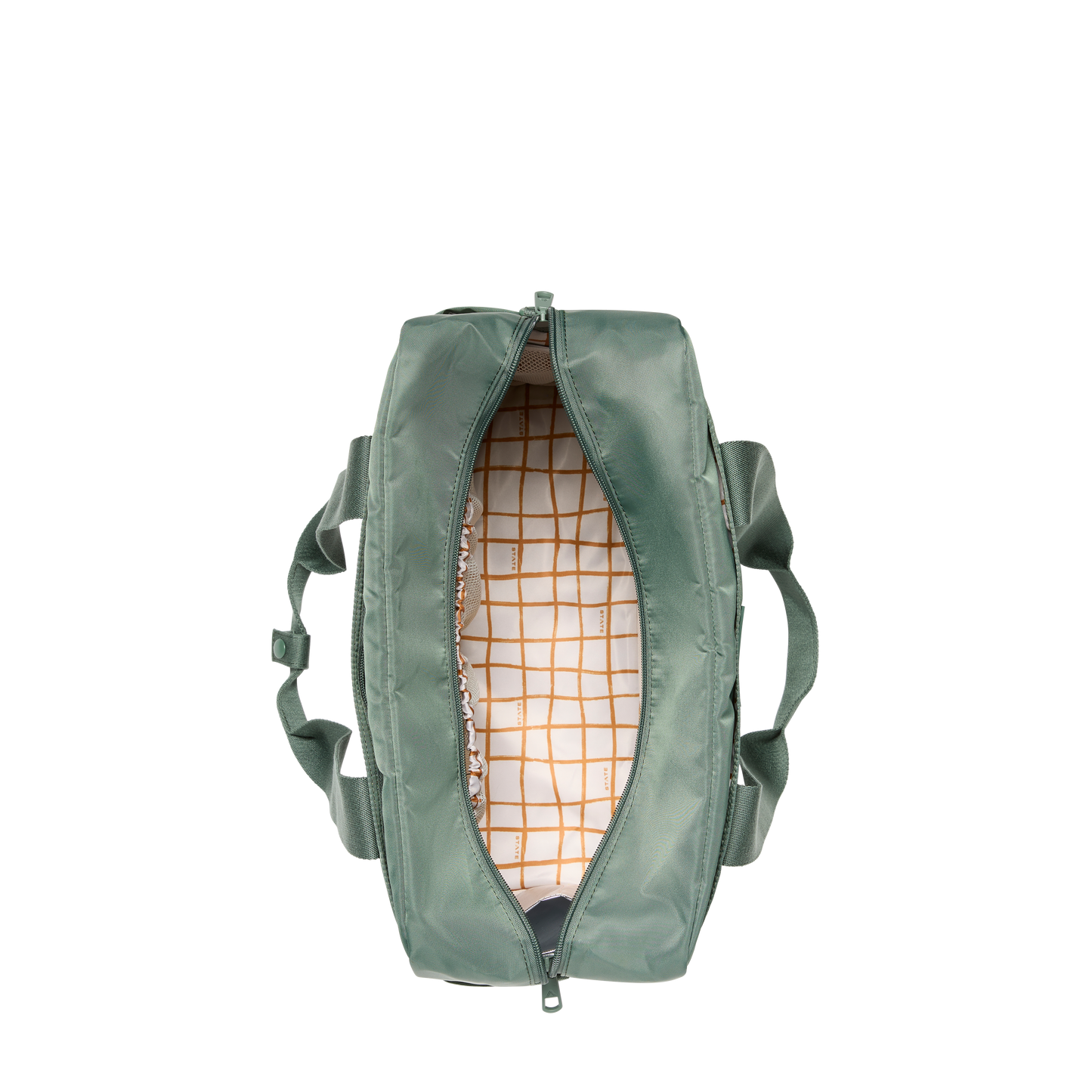 Green backpack with a checkered interior on a white background