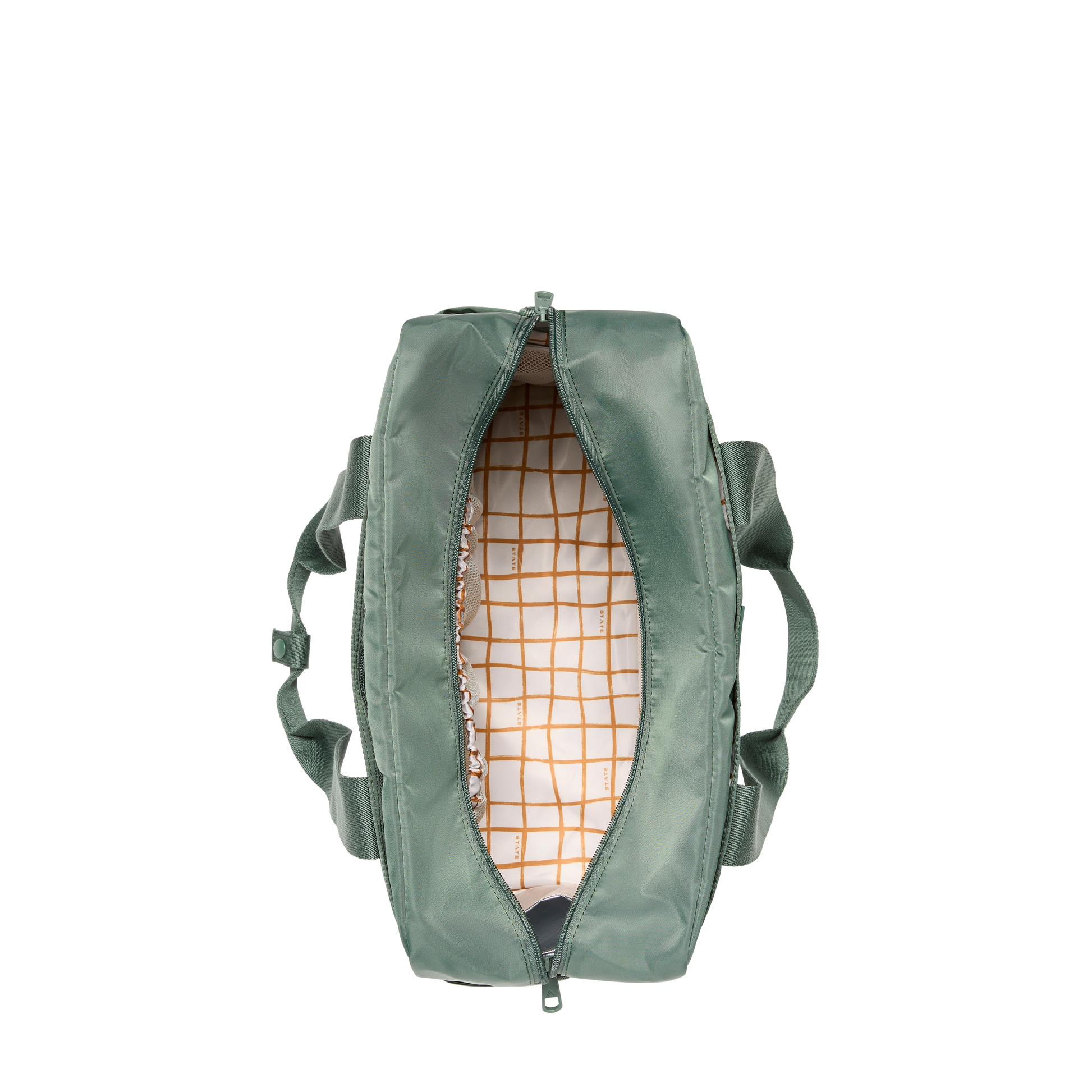 Green backpack with a checkered interior on a white background