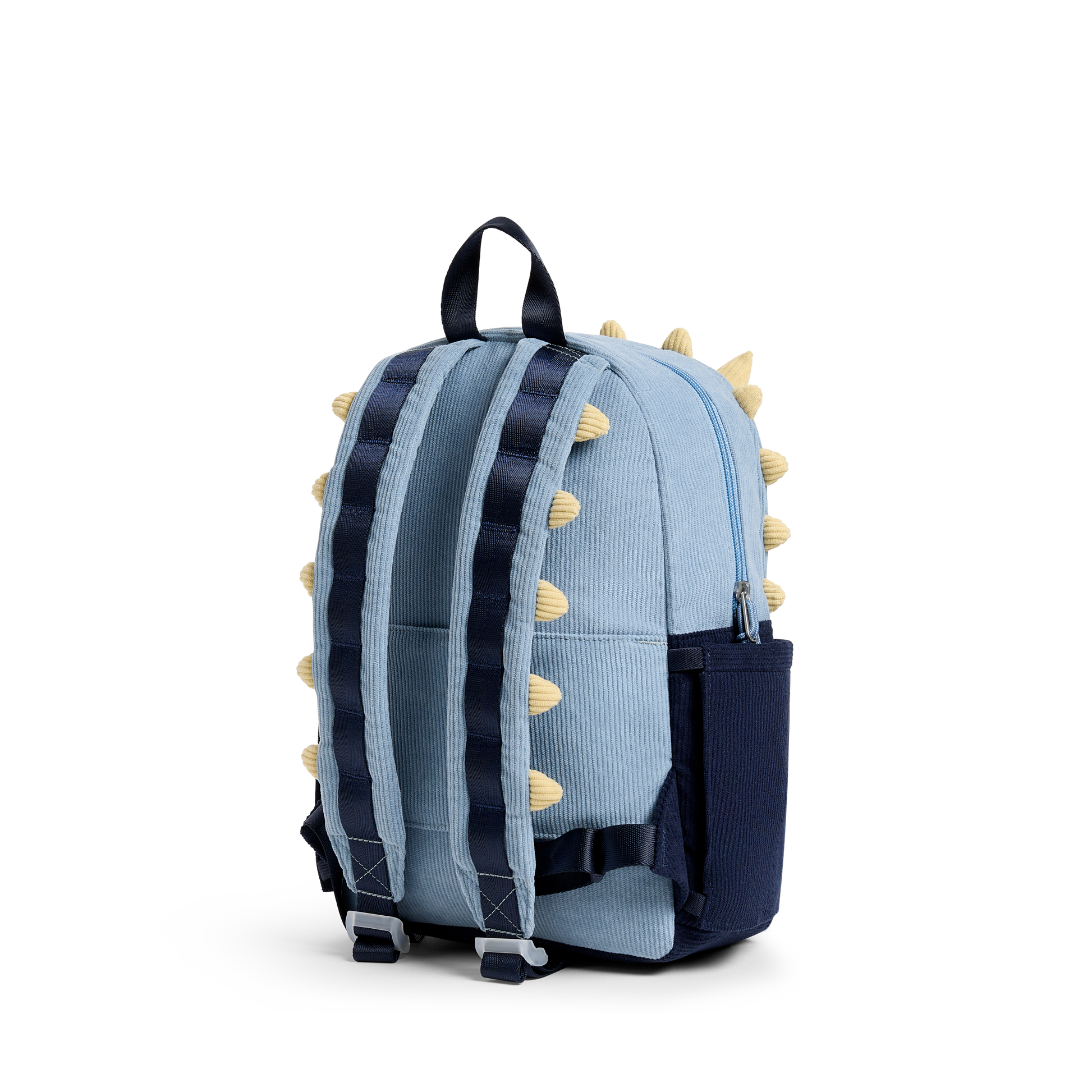 Blue backpack with dinosaur spikes on a white background