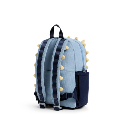 Blue backpack with dinosaur spikes on a white background