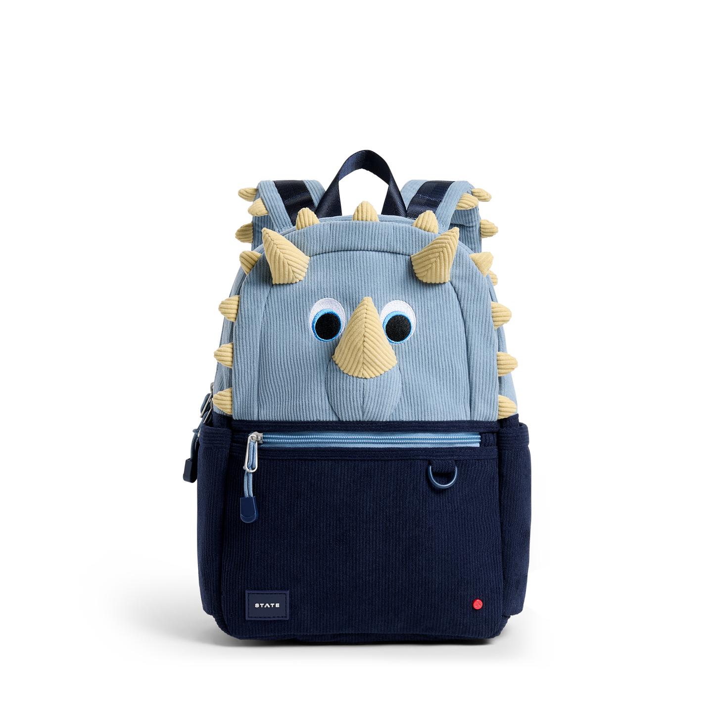 Children's backpack designed like a dinosaur with blue and navy colors on a white background