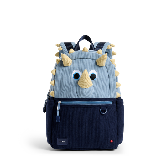 Children's backpack designed like a dinosaur with blue and navy colors on a white background