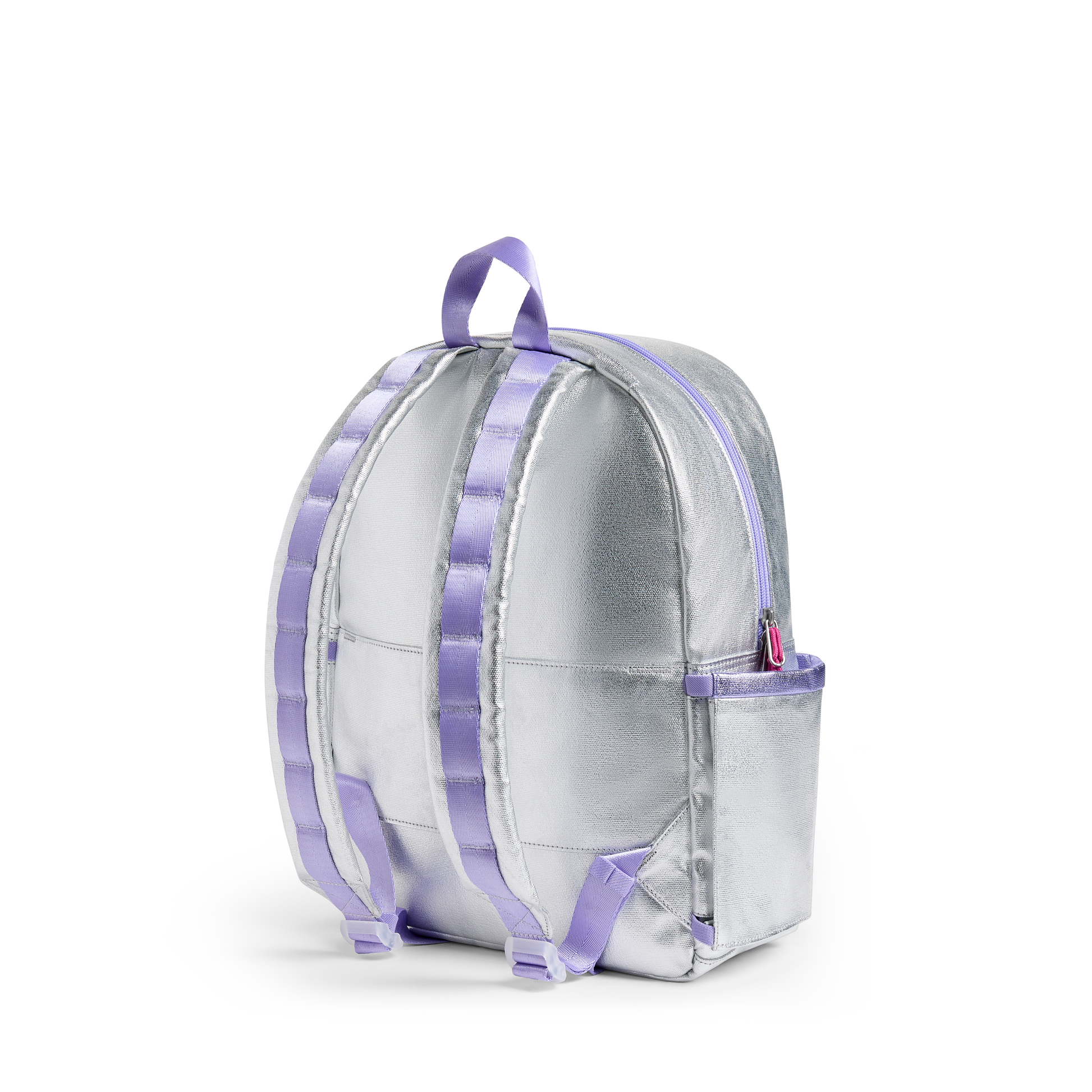 Silver backpack with purple straps on a white background