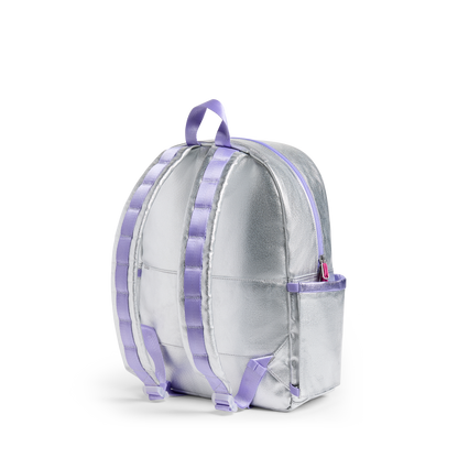 Silver backpack with purple straps on a white background