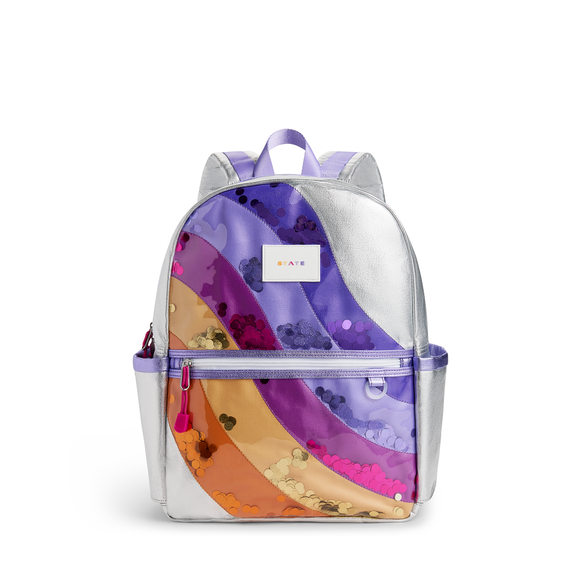 Backpack with colorful design and visible brand logo on a white background