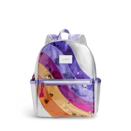 Backpack with colorful design and visible brand logo on a white background