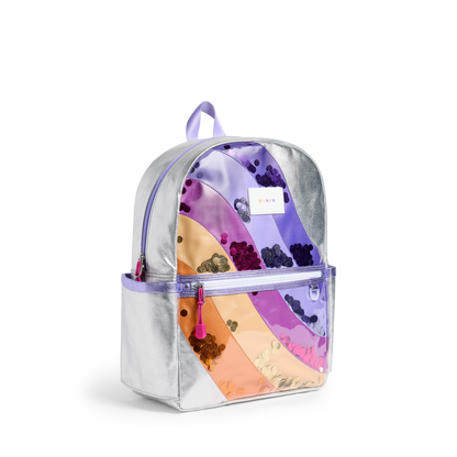 Backpack with colorful interior and clear front pocket on a white background