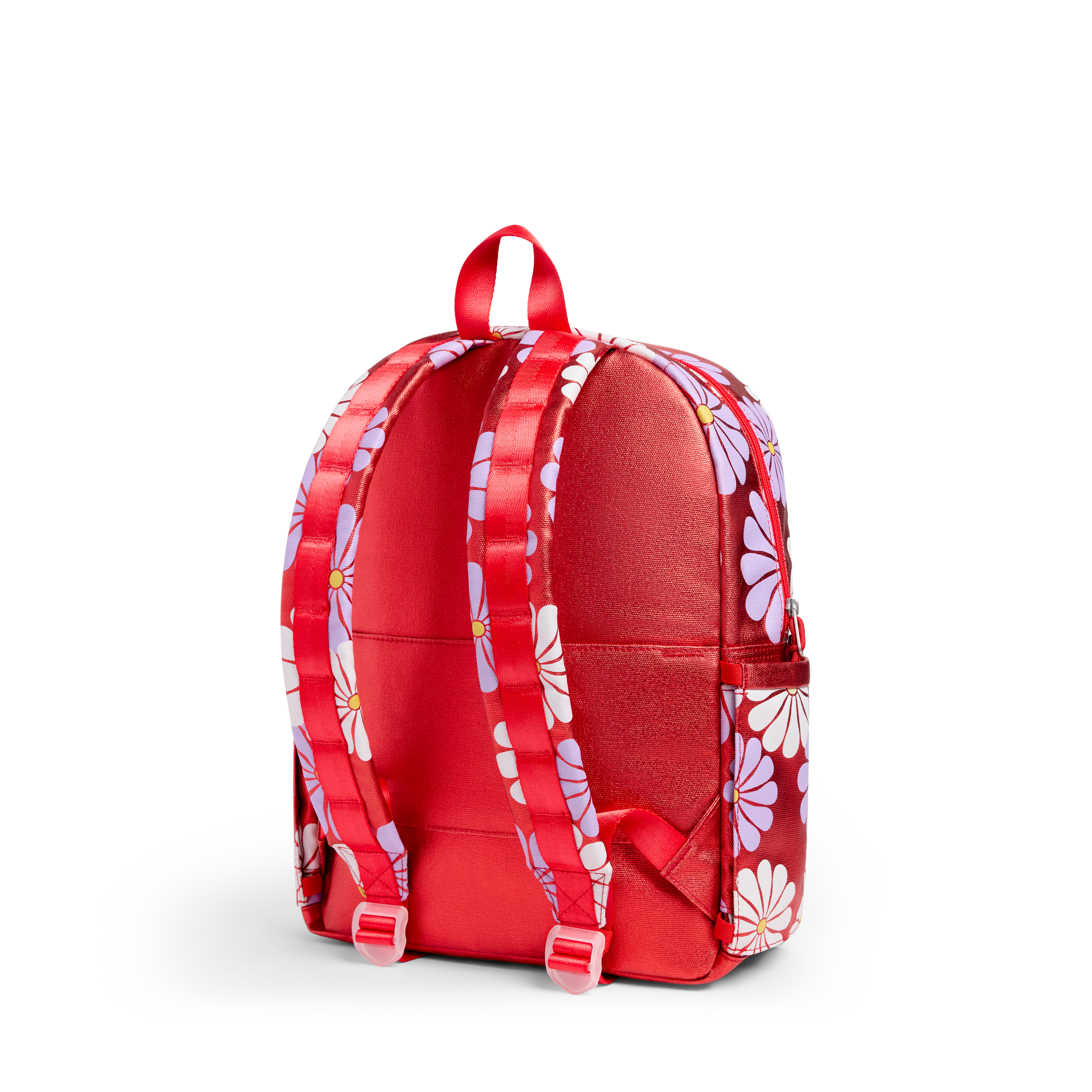 Red backpack with floral patterns on a white background