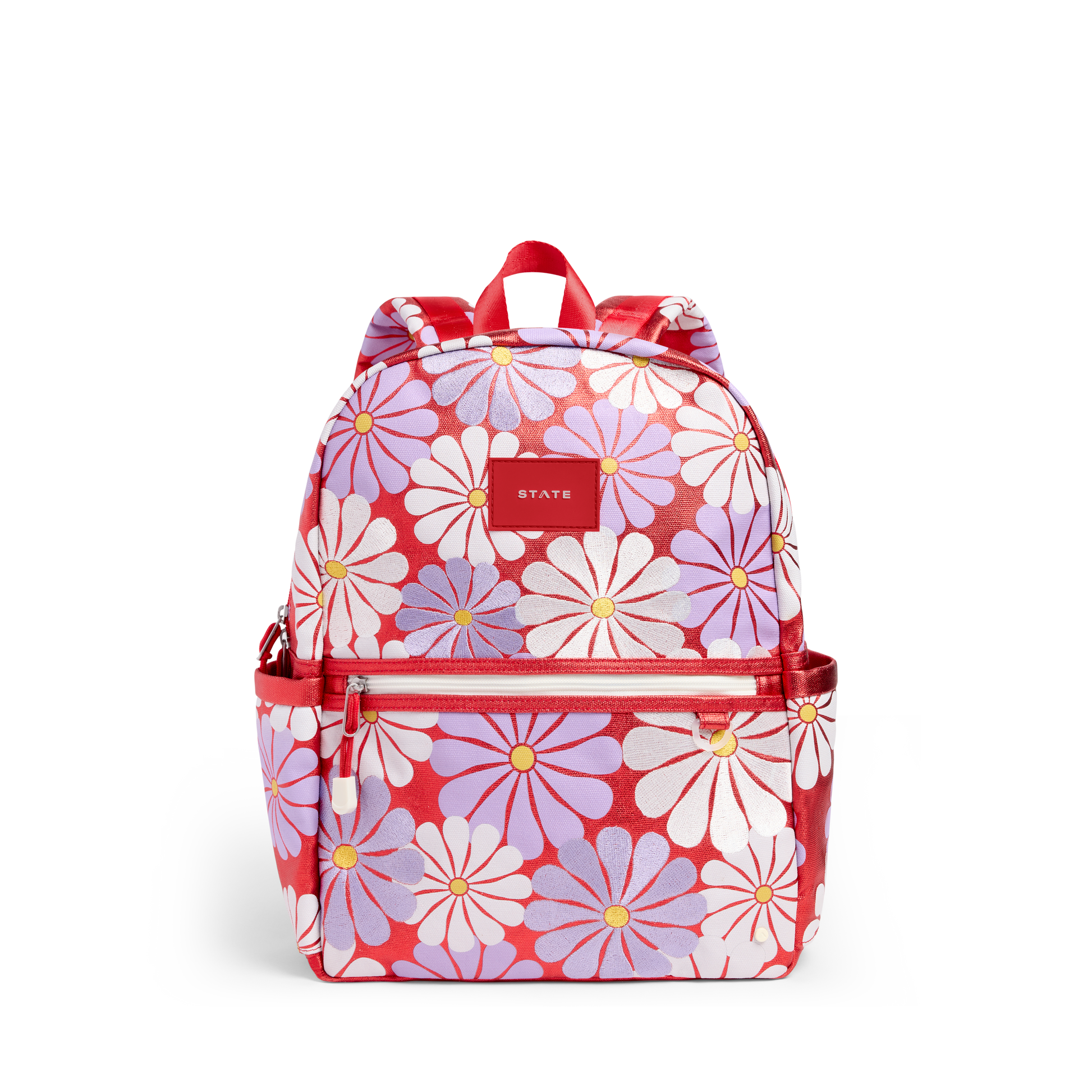 Floral patterned backpack with red accents on a white background