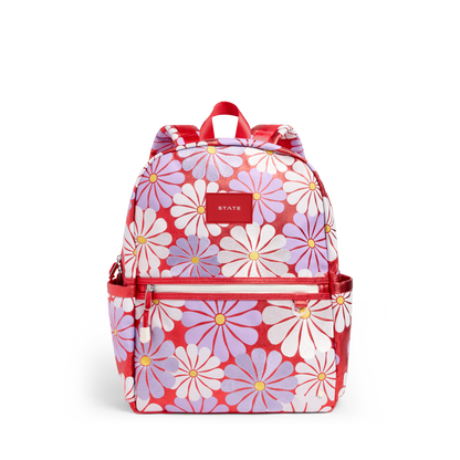 Floral patterned backpack with red accents on a white background