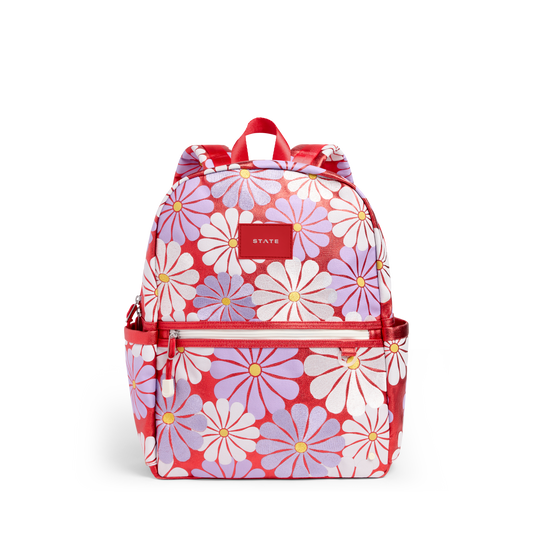 Floral patterned backpack with red accents on a white background