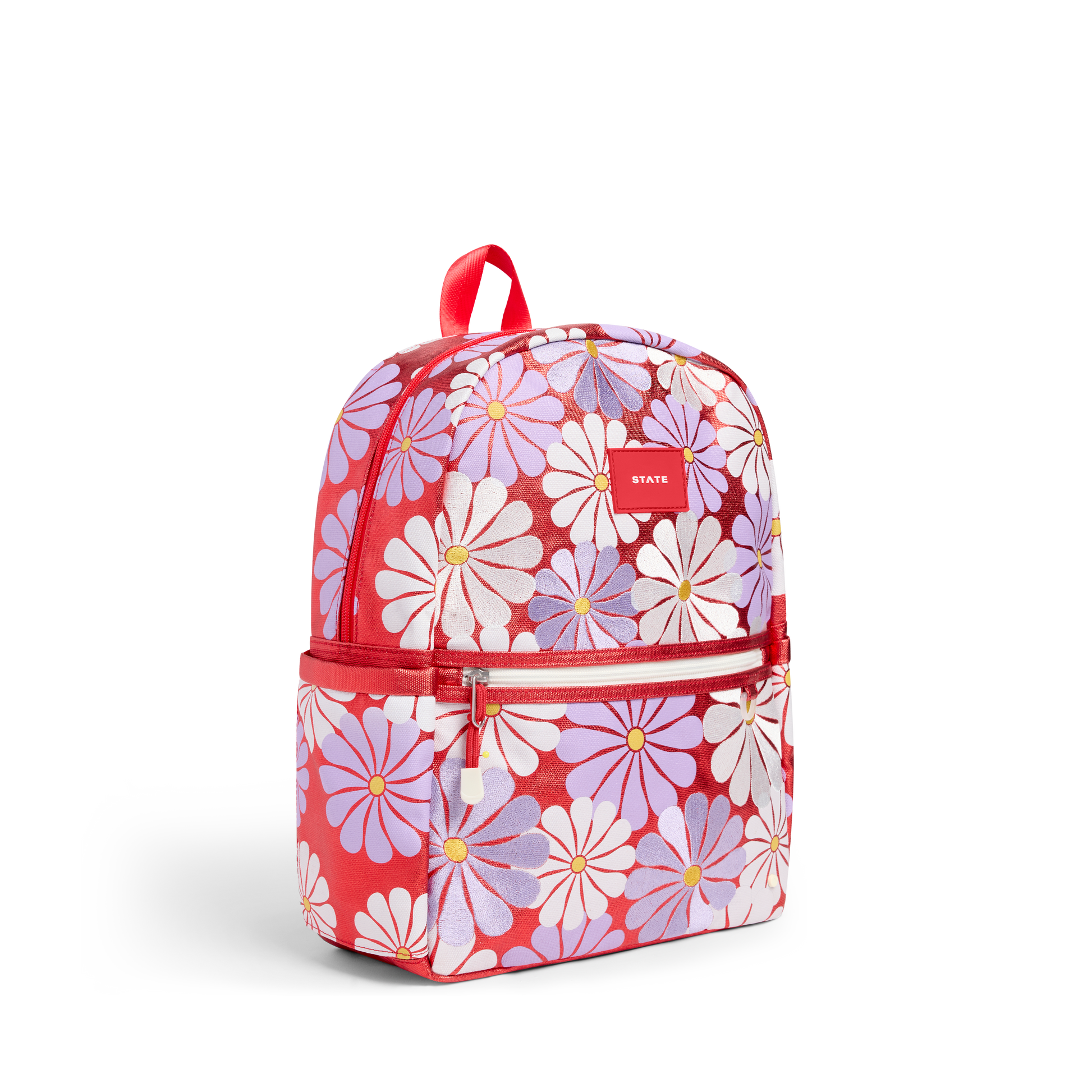 Floral-patterned backpack with red accents on a white background