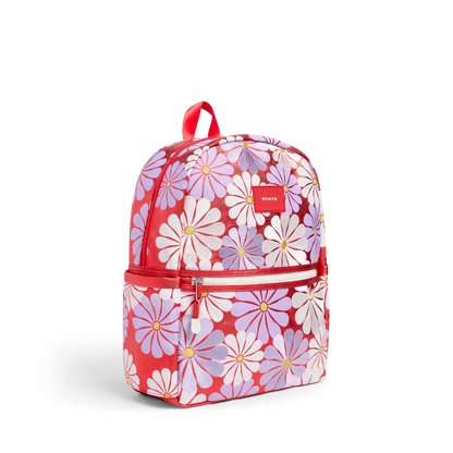 Floral-patterned backpack with red accents on a white background
