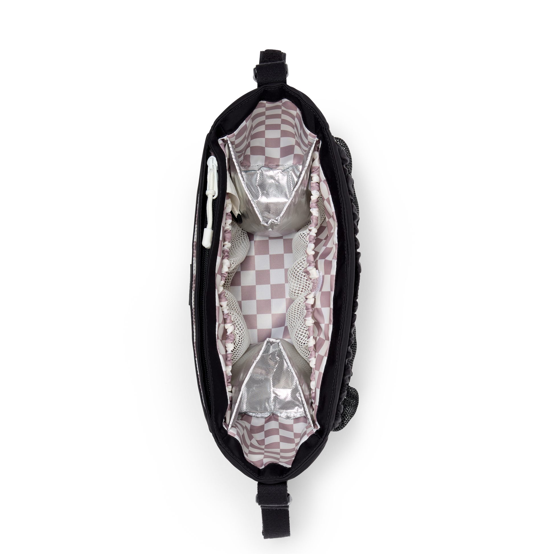 Black bag with a checkered interior on a white background