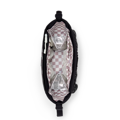 Black bag with a checkered interior on a white background