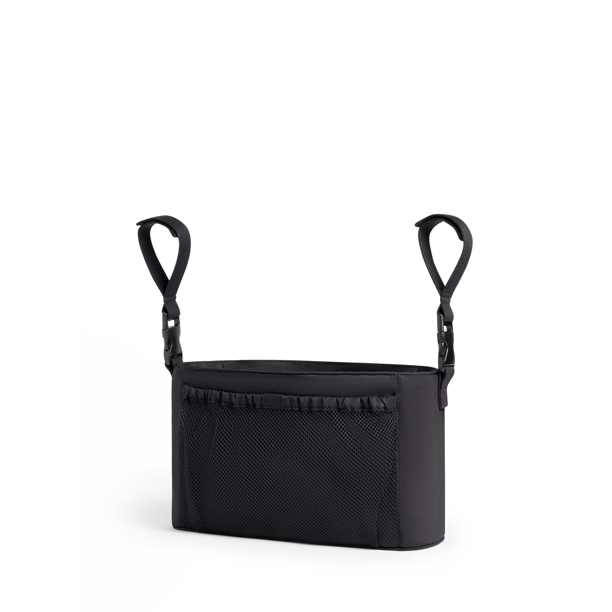 Black car seat organizer with straps on a white background