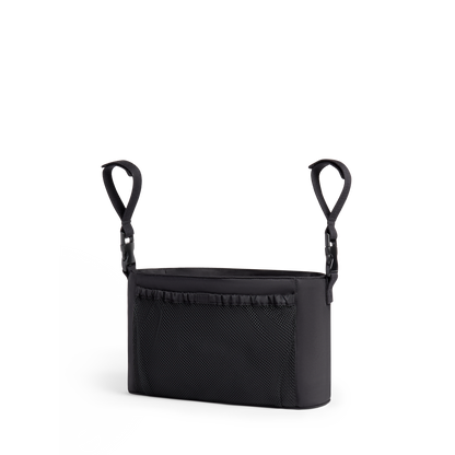 Black car seat organizer with straps on a white background