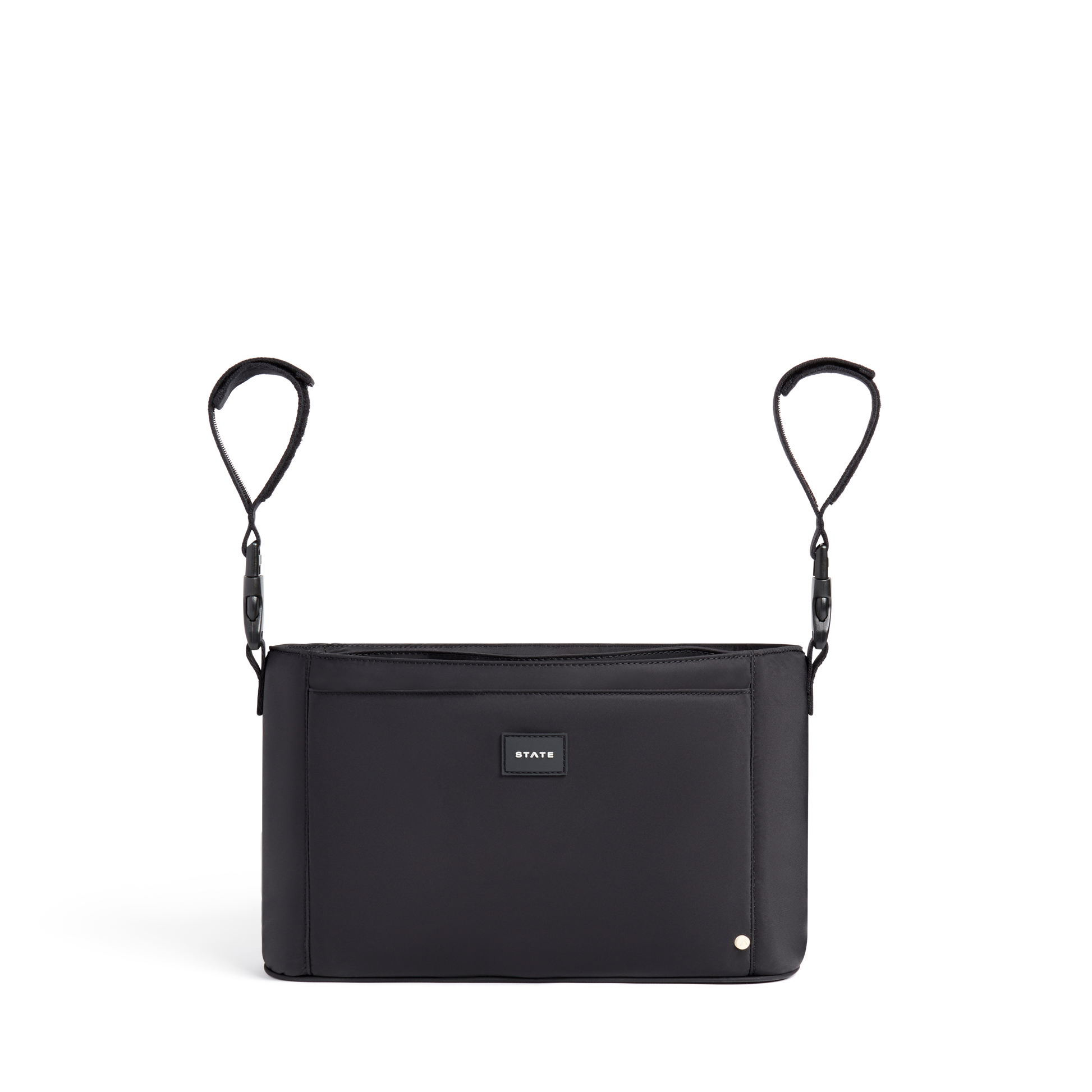 Black crossbody bag with a visible brand label on a white background
