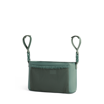 Green baby seat safety strap on a white background