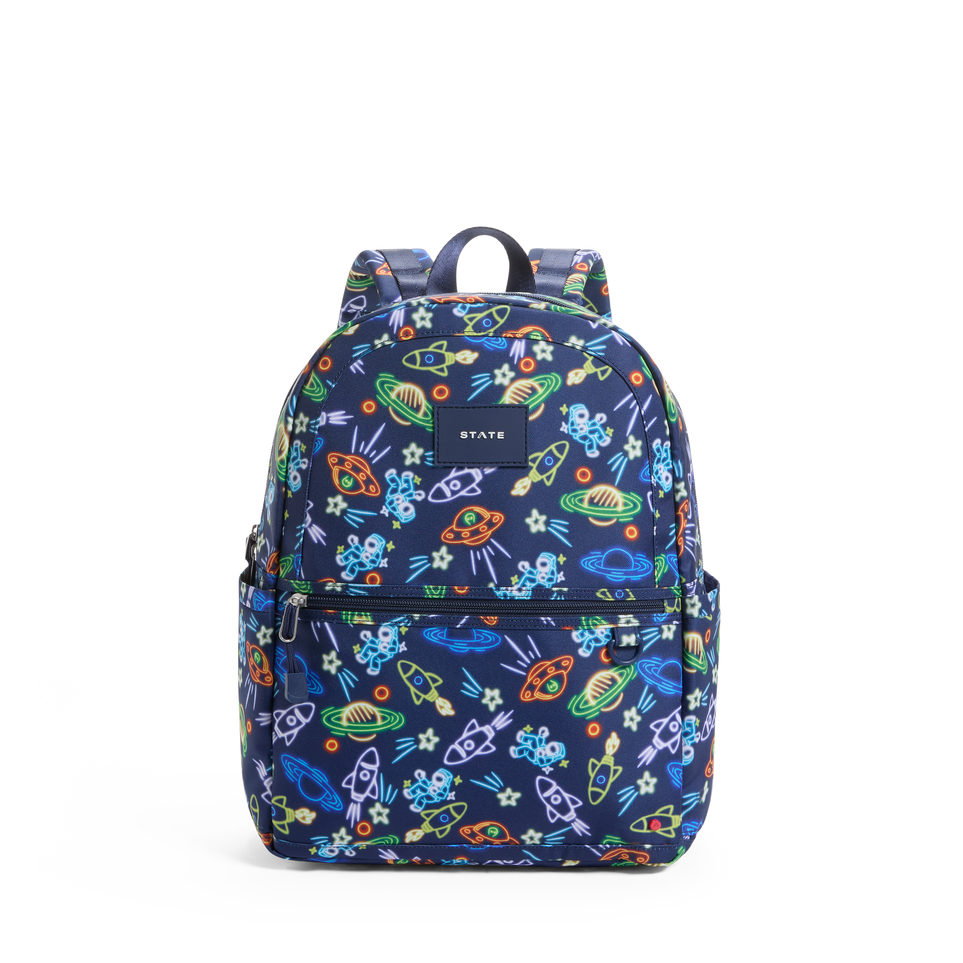Backpack with colorful space-themed pattern on a white background