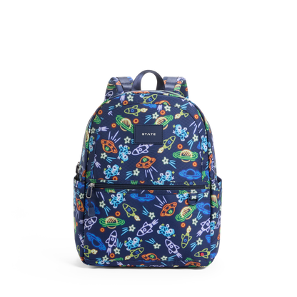 Backpack with colorful space-themed pattern on a white background