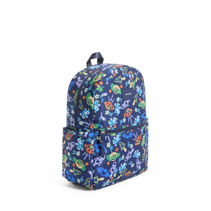 Backpack with colorful space-themed pattern on a white background