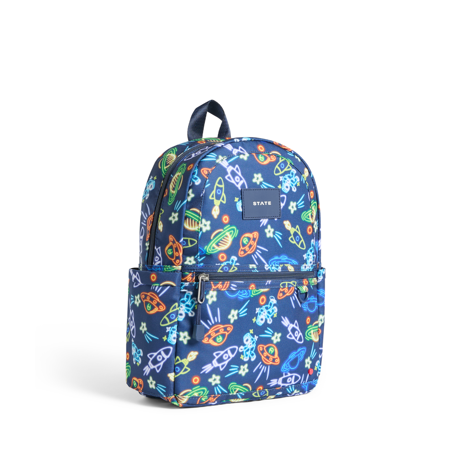 Backpack with colorful space-themed design on a white background