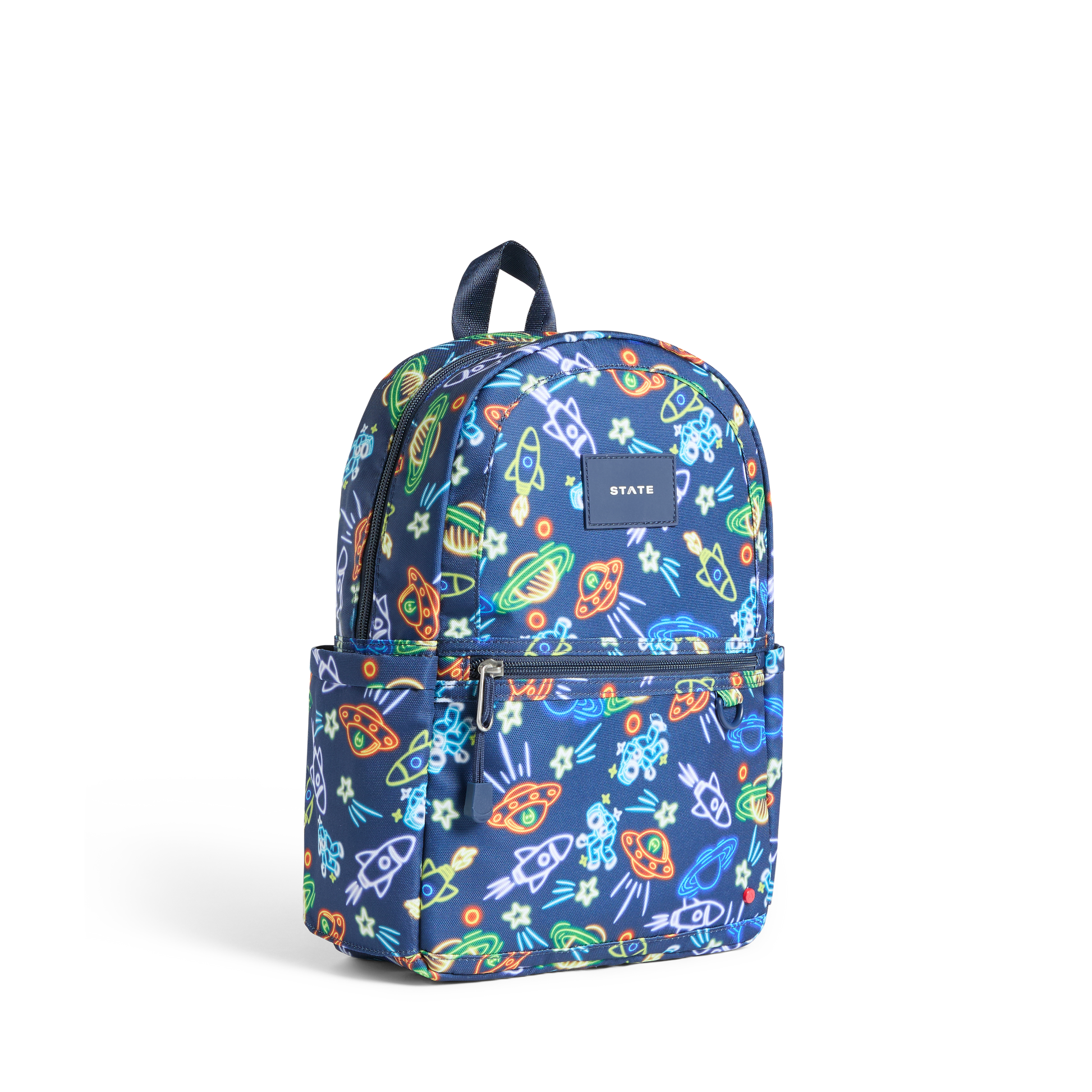 Backpack with colorful space-themed design on a white background