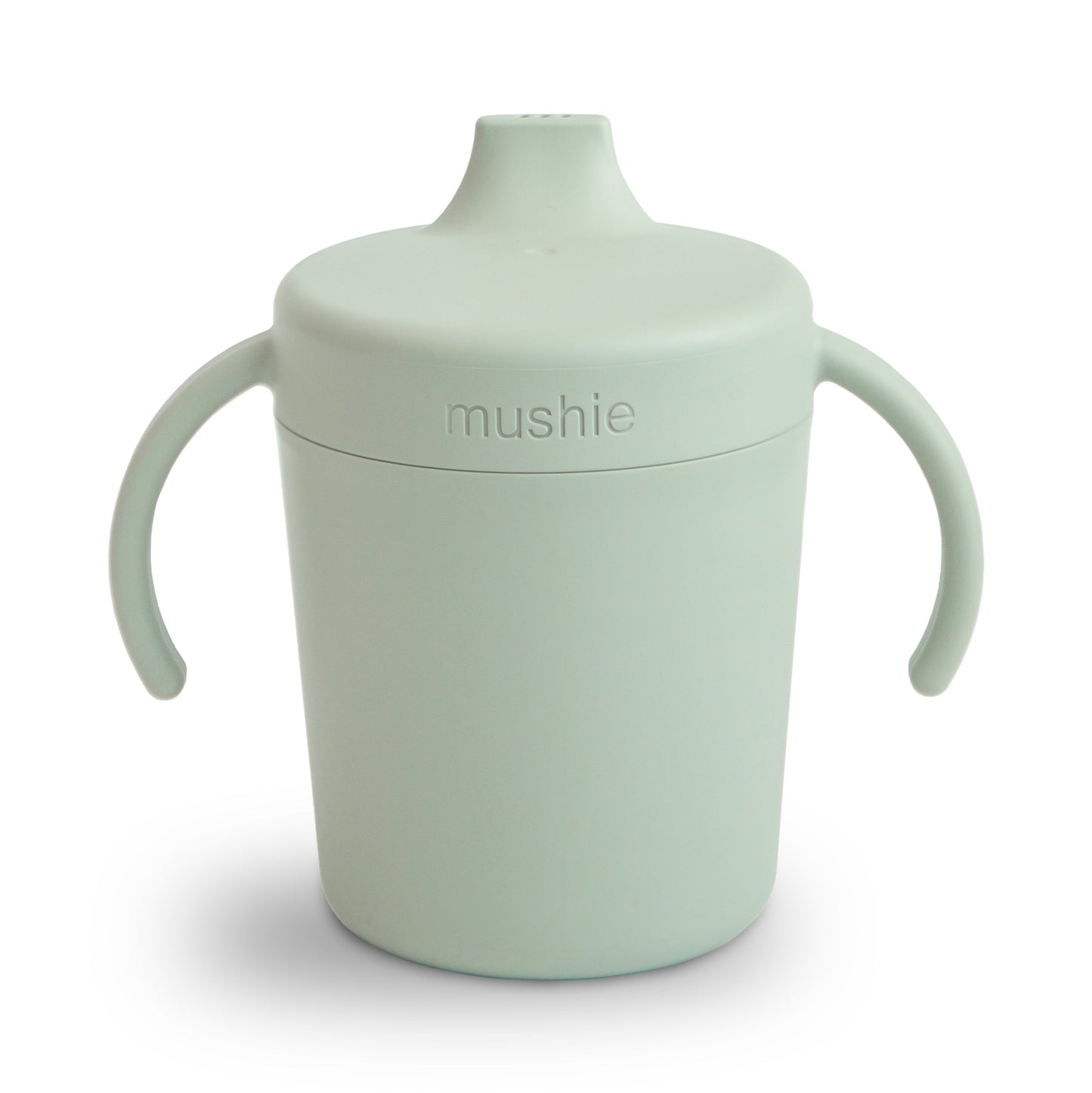 Light green sippy cup with handles on a white background