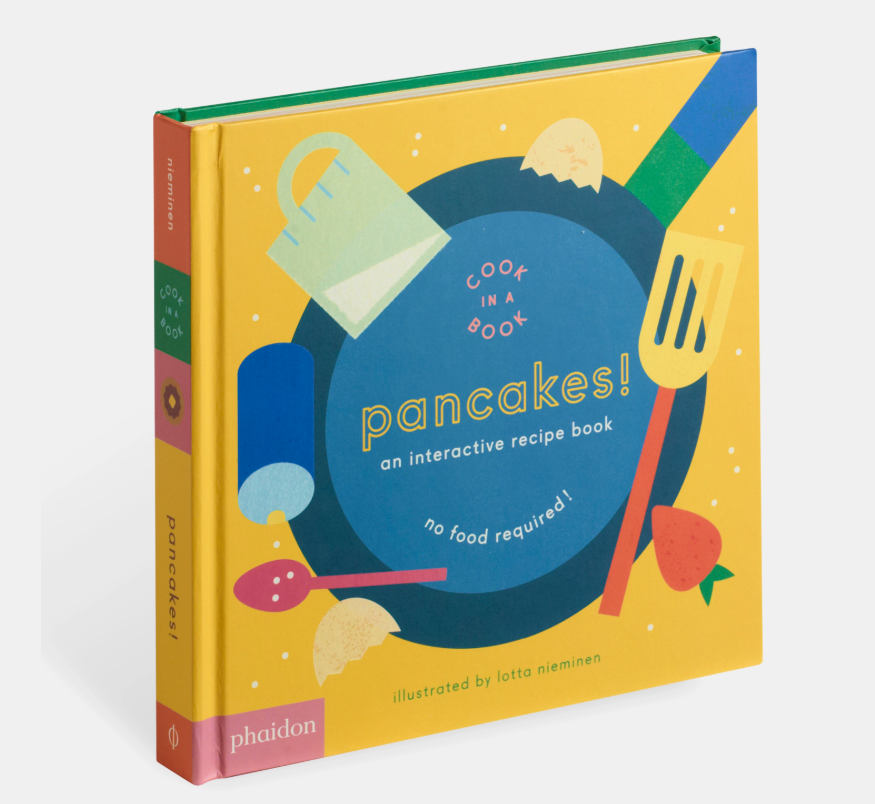 Interactive recipe book for pancakes with colorful illustrations on a white background