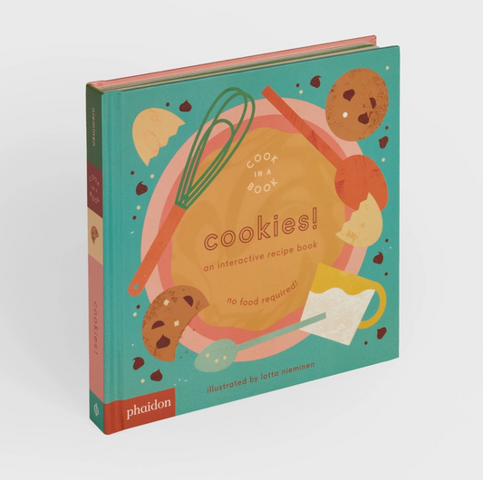 Children's book titled 'Cookies!' with illustrations of baking tools and cookies on a teal background.
