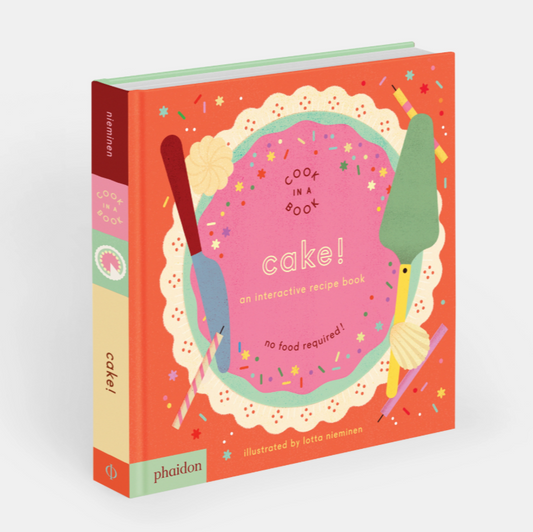 Book titled 'Cook in a Book Cake!' with colorful cover design on a white background