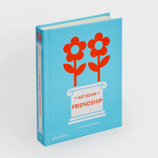 Book titled 'My Art Book of Friendship' with red flowers on a blue background